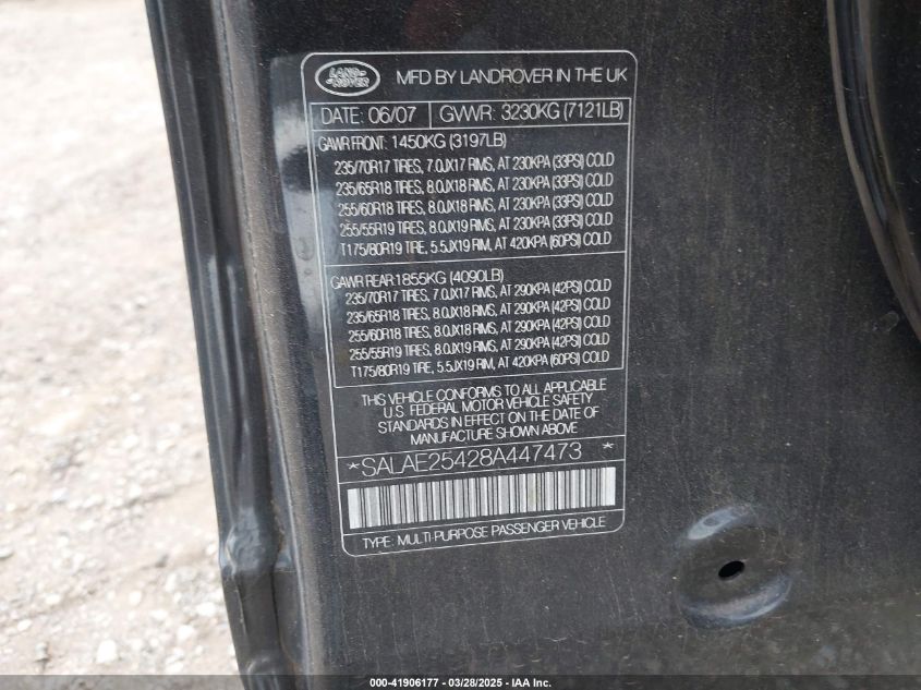 2008 Land Rover Lr3 V8 Se VIN: SALAE25428A447473 Lot: 41906177