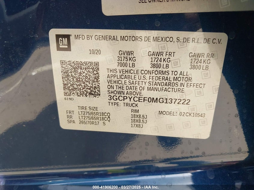 2021 CHEVROLET SILVERADO 1500 VIN: 3GCPYCEF0MG137222