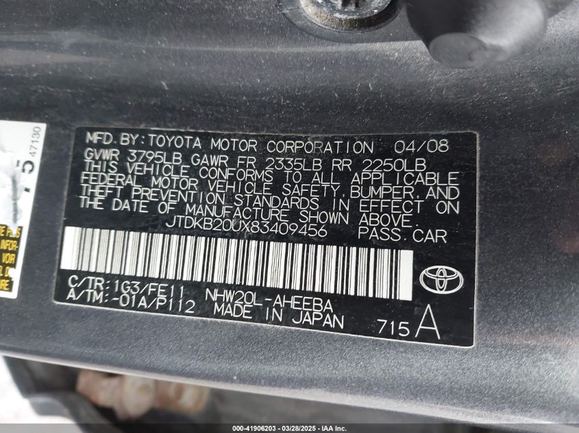 2008 Toyota Prius VIN: JTDKB20UX83409456 Lot: 41906203