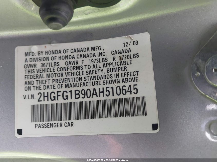 2010 Honda Civic Ex-L VIN: 2HGFG1B90AH510645 Lot: 41906222