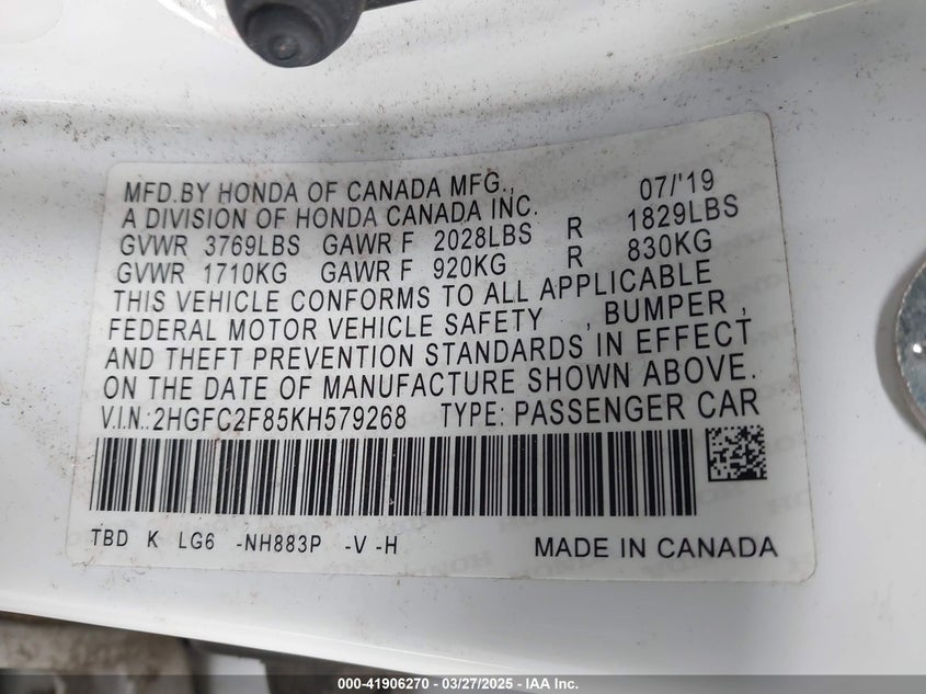 2019 HONDA CIVIC VIN: 2HGFC2F85KH579268
