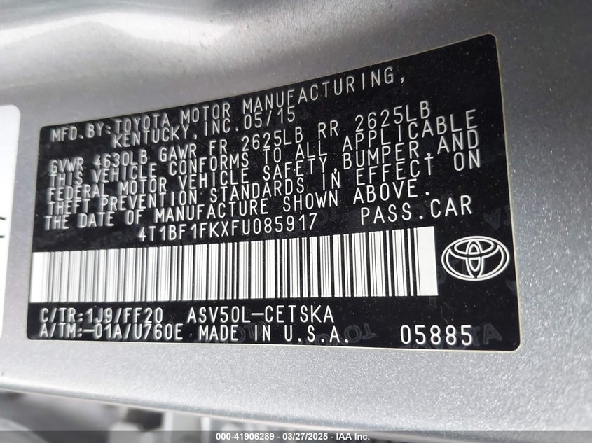 2015 TOYOTA CAMRY VIN: 4T1BF1FKXFU085917