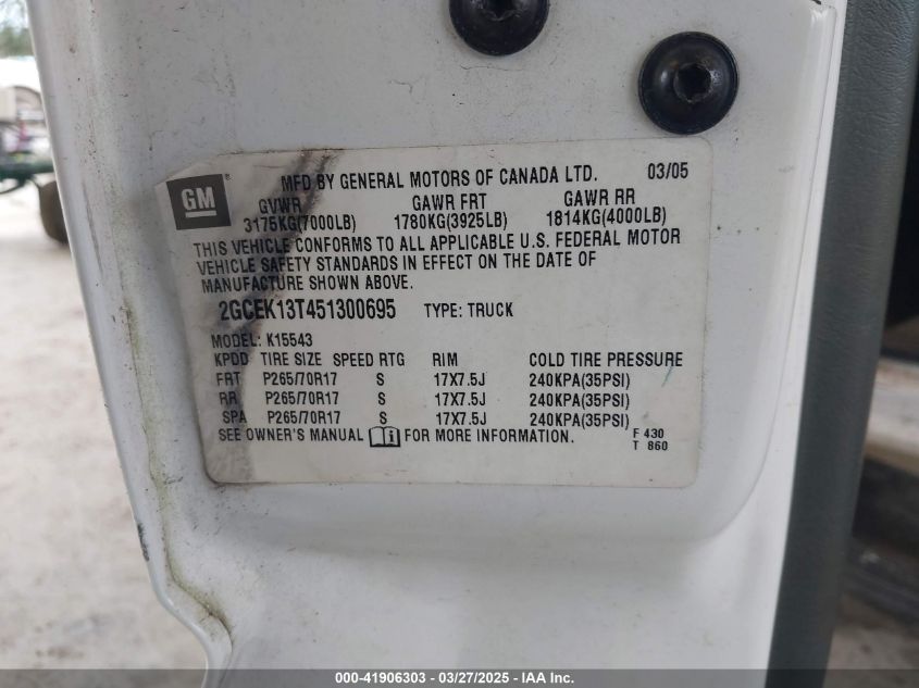 2005 Chevrolet Silverado 1500 Lt VIN: 2GCEK13T451300695 Lot: 41906303
