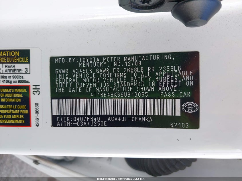 2009 TOYOTA CAMRY VIN: 4T1BE46K69U913065