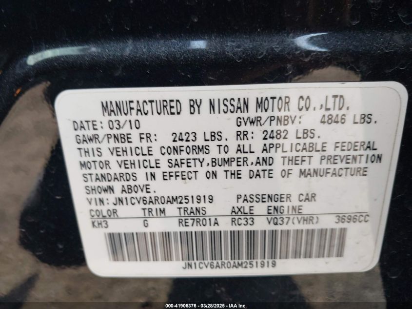 2010 Infiniti G37X VIN: JN1CV6AR0AM251919 Lot: 41906376