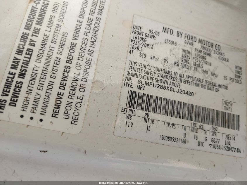 2008 Lincoln Navigator VIN: 5LMFU285X8LJ20420 Lot: 41906383