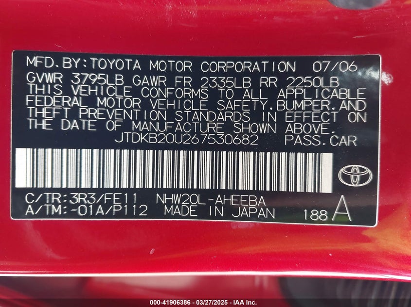 2006 TOYOTA PRIUS VIN: JTDKB20U267530682