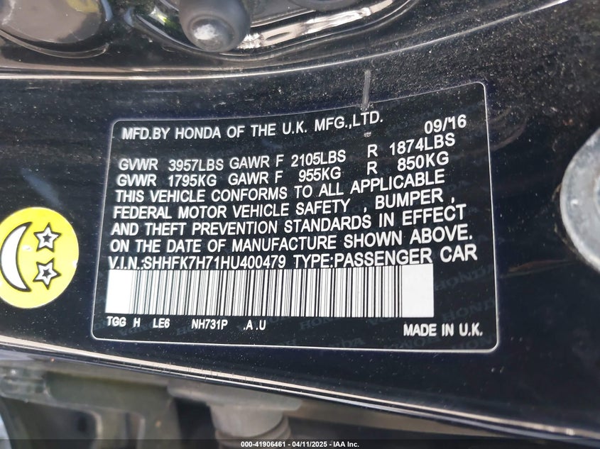 2017 HONDA CIVIC VIN: SHHFK7H71HU400479