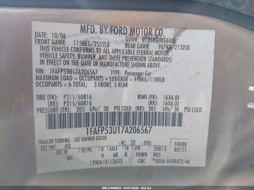 2007 Ford Taurus Se VIN: 1FAFP53U17A206567 Lot: 41906525