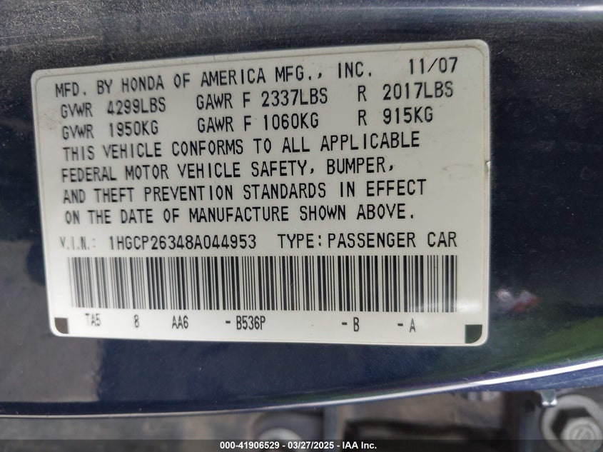 2008 HONDA ACCORD VIN: 1HGCP26348A044953