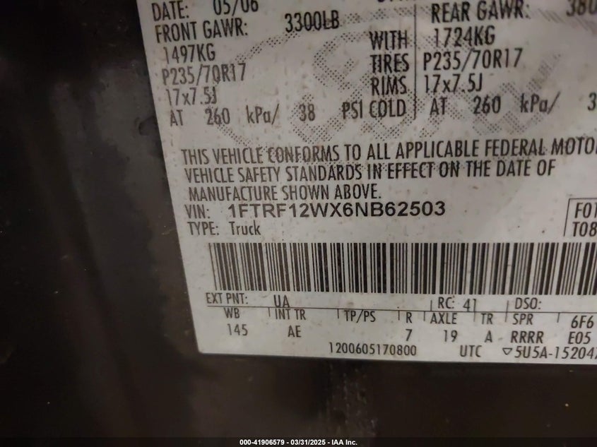 2006 FORD F-150 VIN: 1FTRF12WX6NB62503