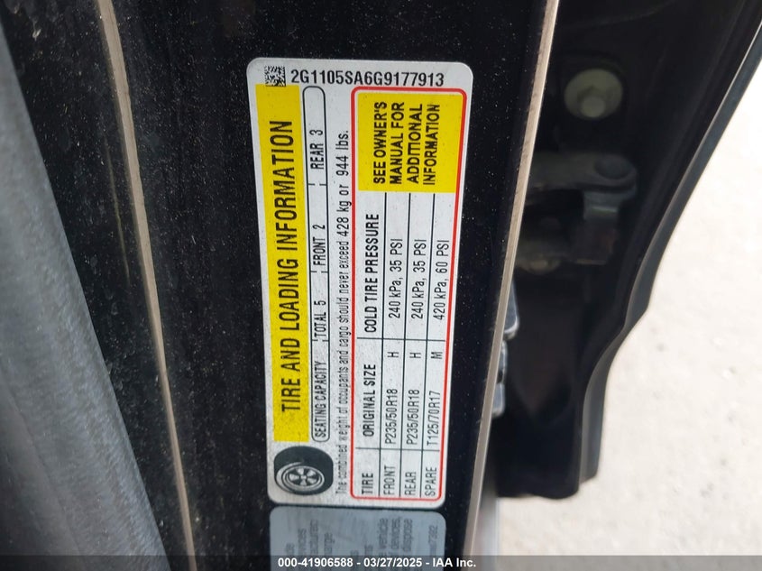 2016 CHEVROLET IMPALA VIN: 2G1105SA6G9177913