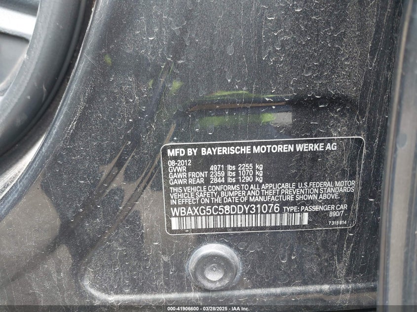 2013 BMW 528I VIN: WBAXG5C58DDY31076 Lot: 41906600