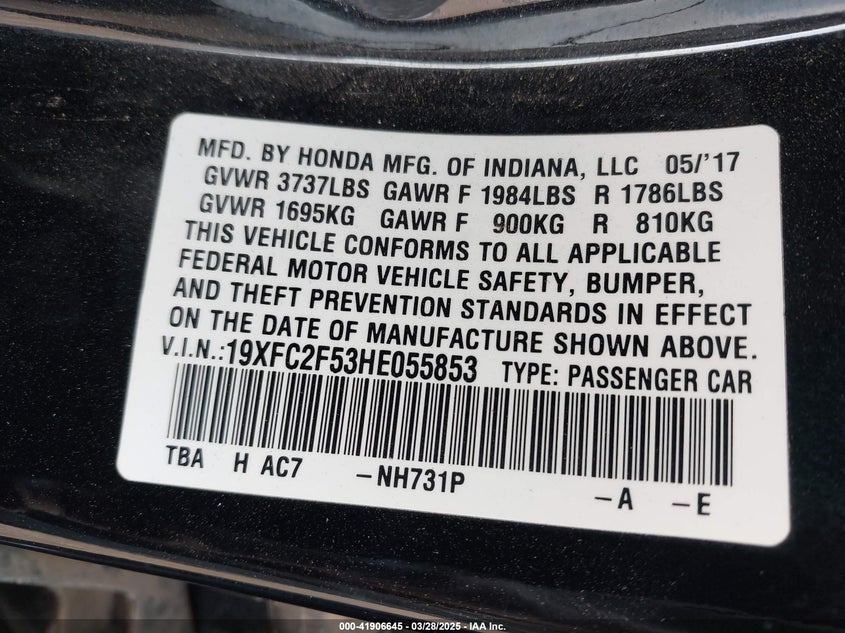 2017 HONDA CIVIC SEDAN VIN: 19XFC2F53HE055853