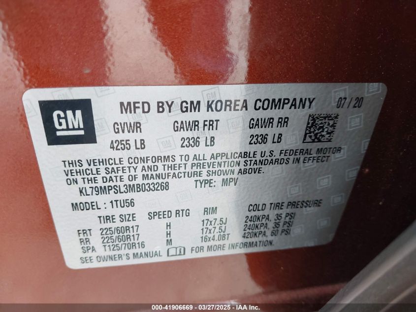 2021 Chevrolet Trailblazer Fwd Lt VIN: KL79MPSL3MB033268 Lot: 41906669