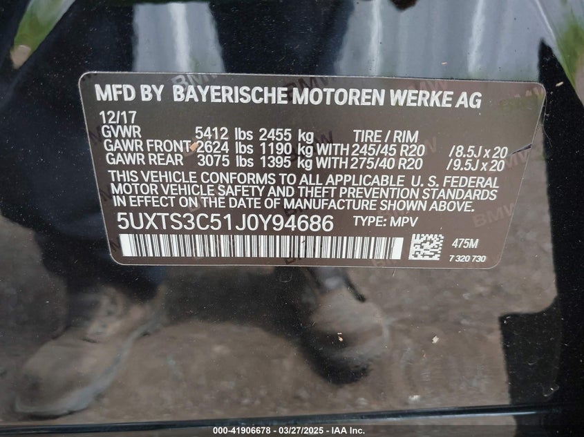 2018 BMW X3 M40I - 5UXTS3C51J0Y94686