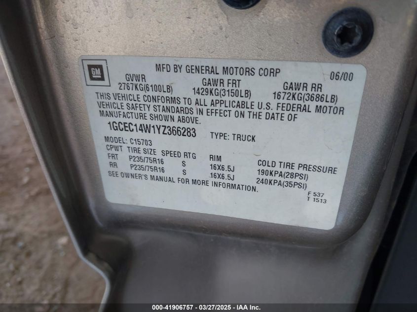 2000 Chevrolet Silverado 1500 VIN: 1GCEC14W1YZ366283 Lot: 41906757