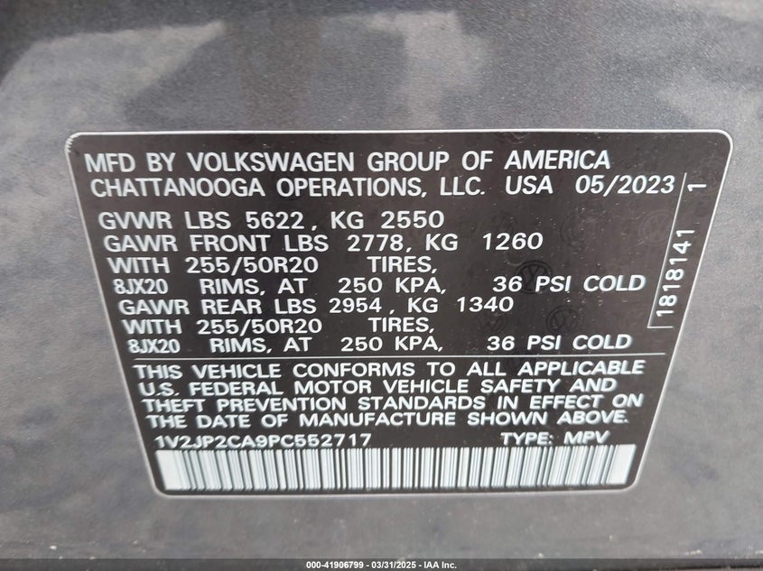 VIN 1V2JP2CA9PC552717 2023 VOLKSWAGEN ATLAS 2.0T SE W/TECHNOLOGY