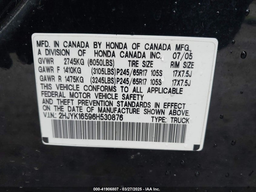 2006 HONDA RIDGELINE VIN: 2HJYK16596H530876