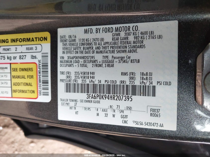 2017 FORD FUSION VIN: 3FA6P0K94HR207395