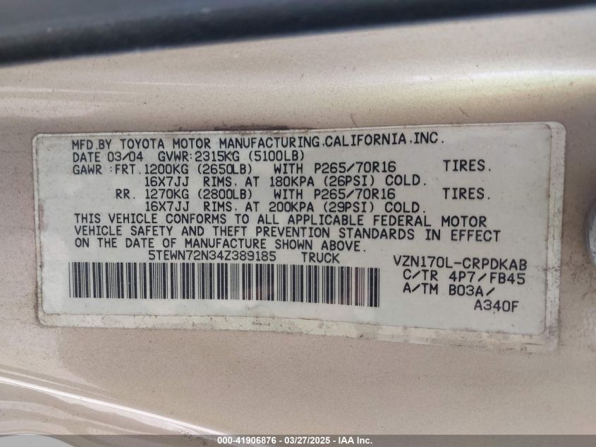 2004 Toyota Tacoma Base V6 VIN: 5TEWN72N34Z389185 Lot: 41906876
