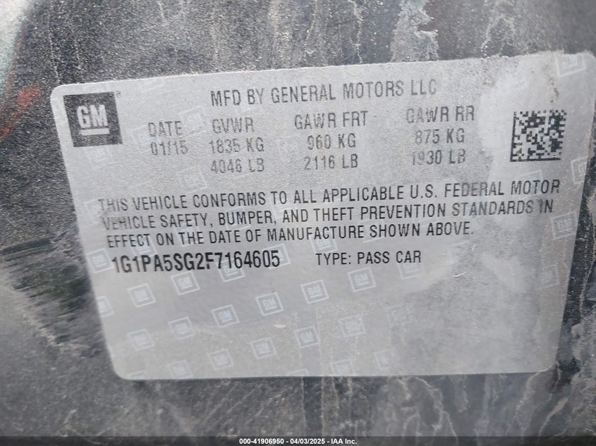 2015 CHEVROLET CRUZE VIN: 1G1PA5SG2F7164605