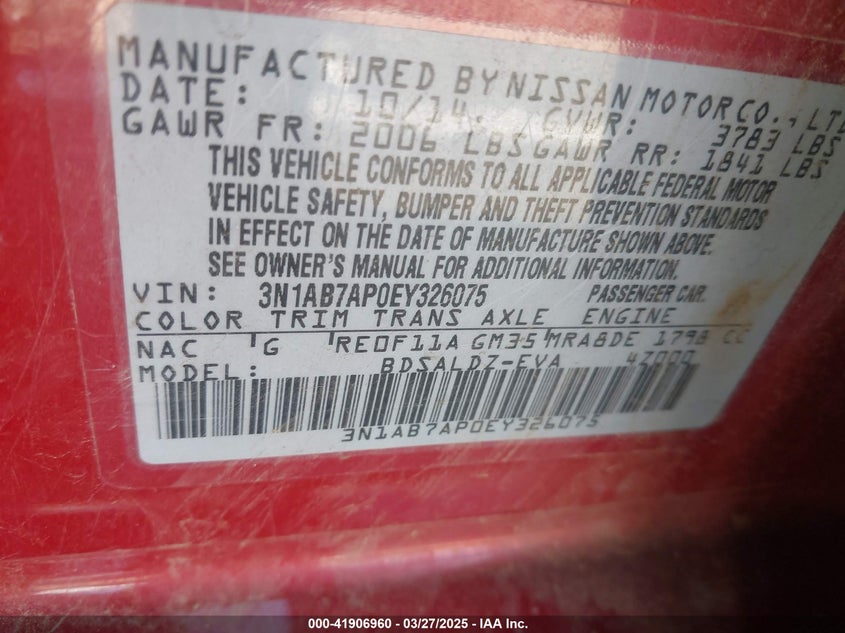 2014 NISSAN SENTRA VIN: 3N1AB7AP0EY326075