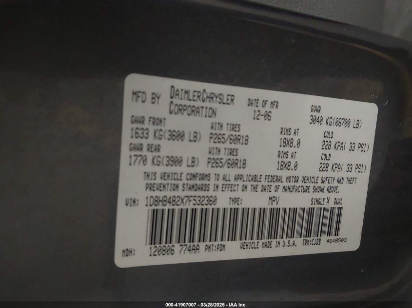 2007 Dodge Durango Slt VIN: 1D8HB482X7F532360 Lot: 41907007