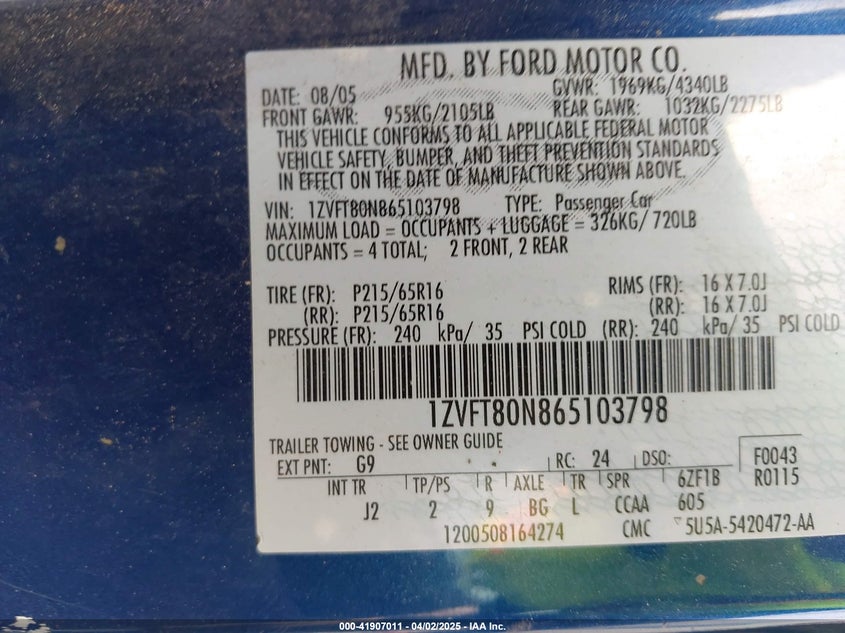 2006 Ford Mustang V6 VIN: 1ZVFT80N865103798 Lot: 41907011