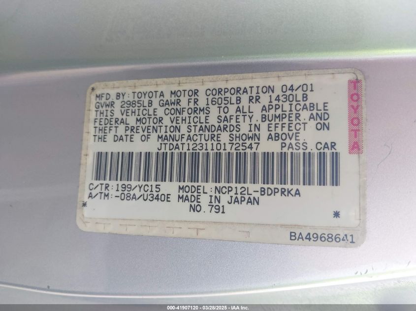 2001 Toyota Echo VIN: JTDAT123110172547 Lot: 41907120