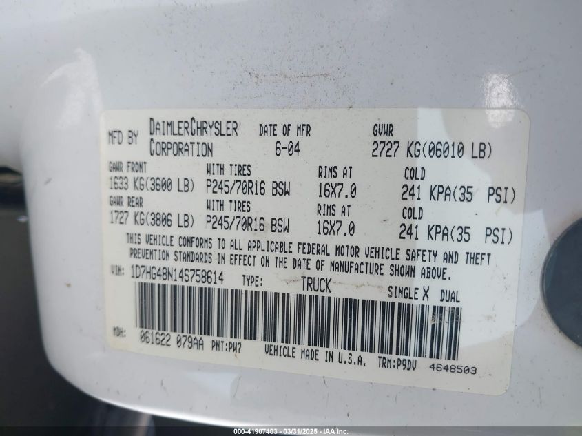 2004 Dodge Dakota Slt VIN: 1D7HG48N14S758614 Lot: 41907403