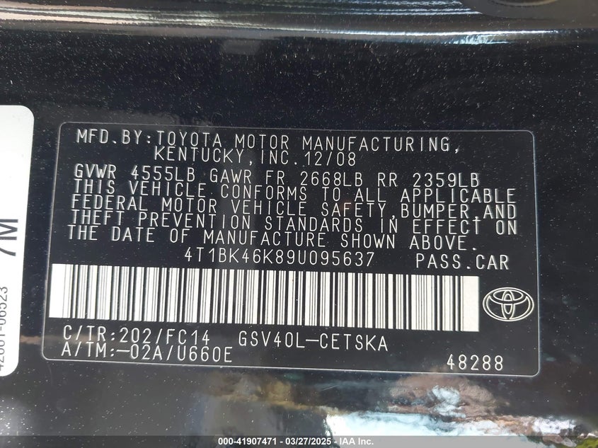 2009 TOYOTA CAMRY VIN: 4T1BK46K89U095637