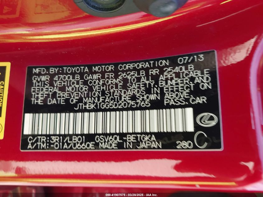 2013 Lexus Es 350 VIN: JTHBK1GG5D2075765 Lot: 41907575