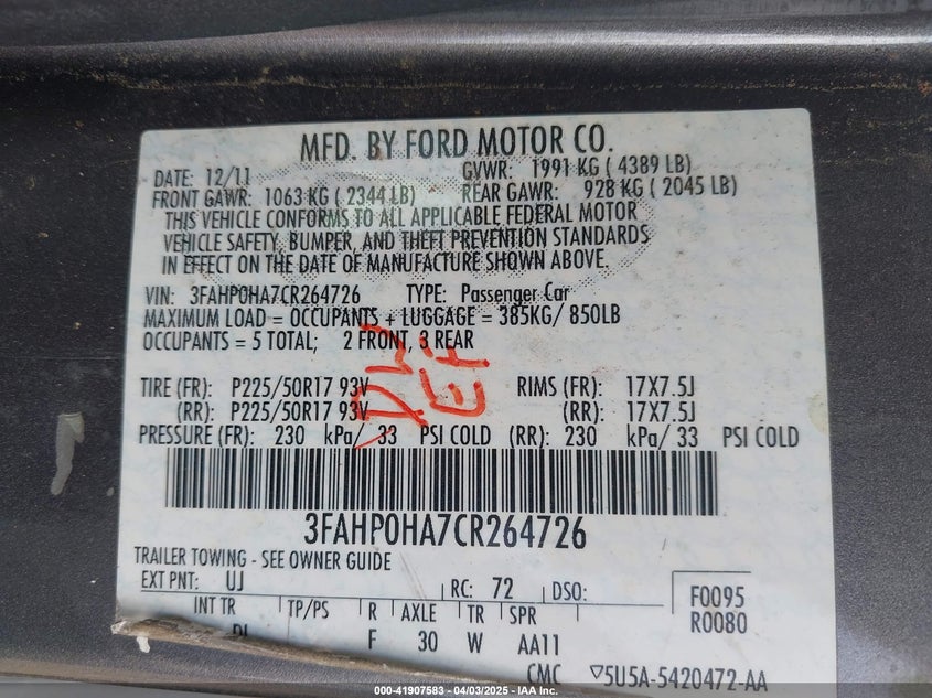 2012 FORD FUSION VIN: 3FAHP0HA7CR264726