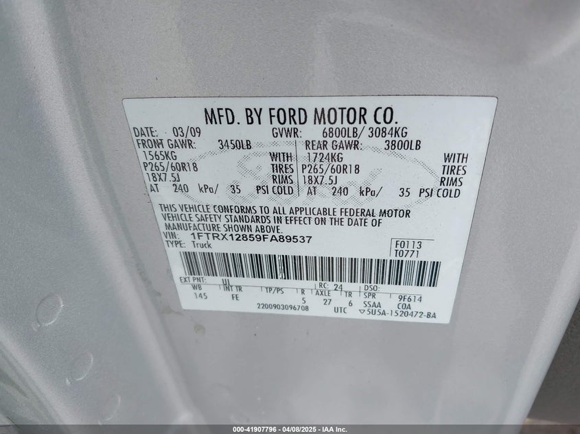 2009 FORD F-150 VIN: 1FTRX12859FA89537