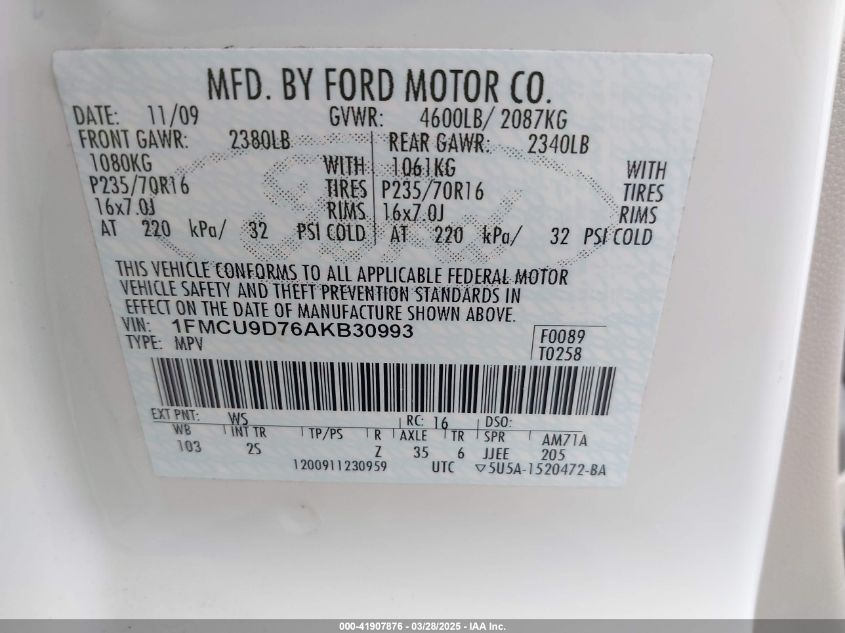 2010 Ford Escape Xlt VIN: 1FMCU9D76AKB30993 Lot: 41907876