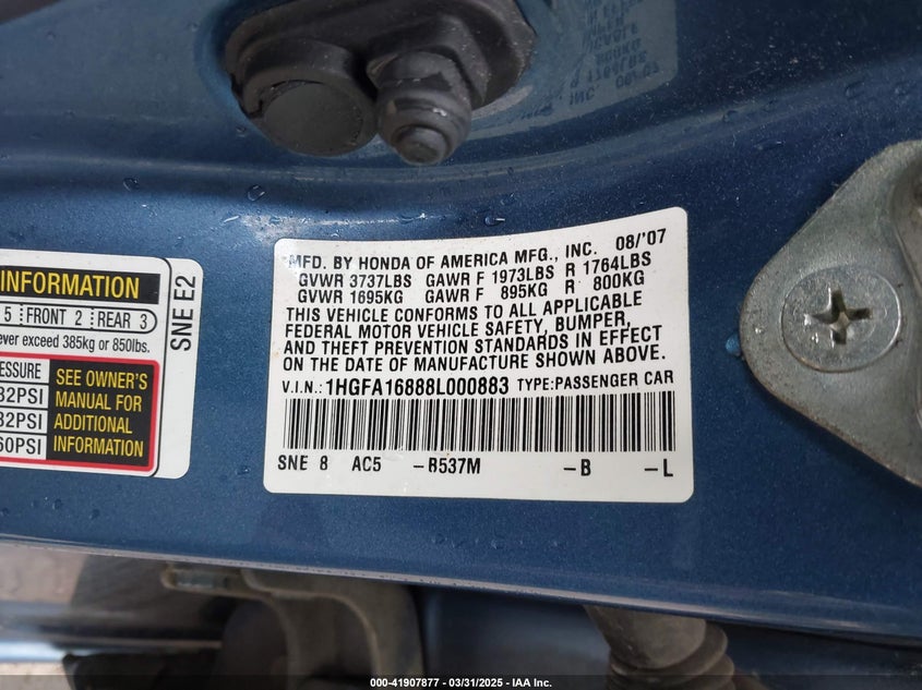 2008 HONDA CIVIC VIN: 1HGFA16888L000883