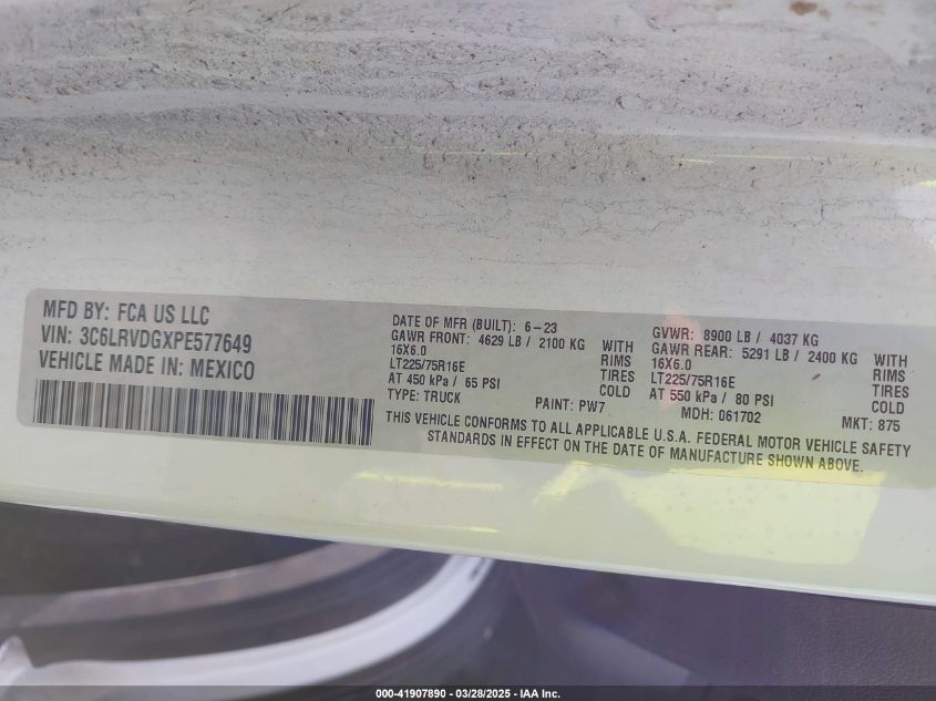 2023 Ram Promaster 2500 High Roof 159 Wb VIN: 3C6LRVDGXPE577649 Lot: 41907890