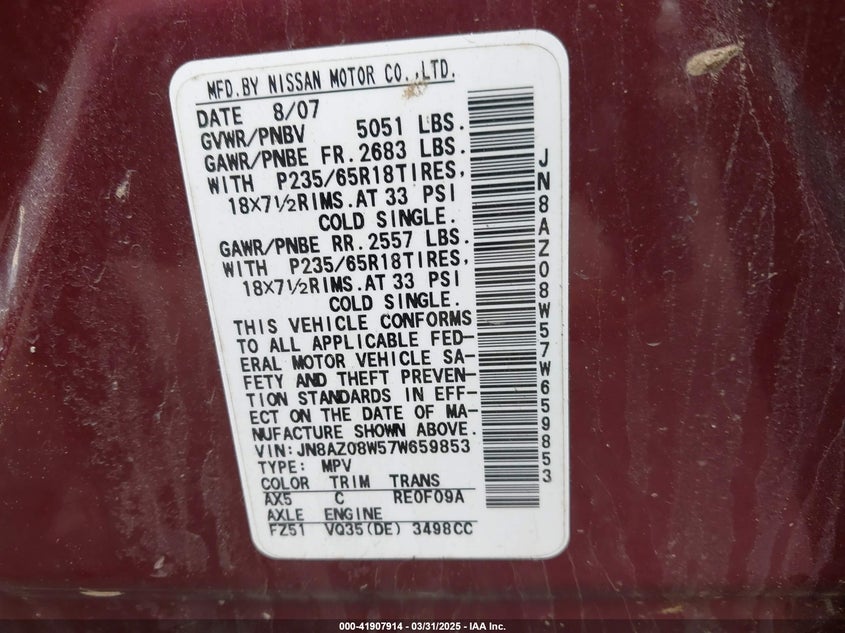 2007 Nissan Murano S VIN: JN8AZ08W57W659853 Lot: 41907914