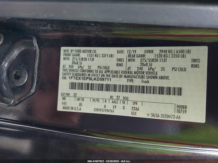 2020 FORD F-150 VIN: 1FTEX1EP9LKD59711