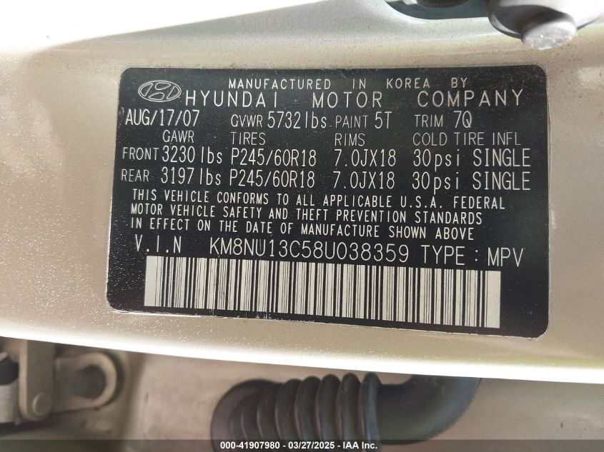 2008 Hyundai Veracruz Gls/Limited/Se VIN: KM8NU13C58U038359 Lot: 41907980