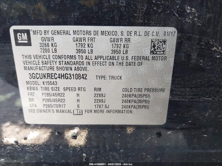 2017 CHEVROLET SILVERADO VIN: 3GCUKREC4HG310842