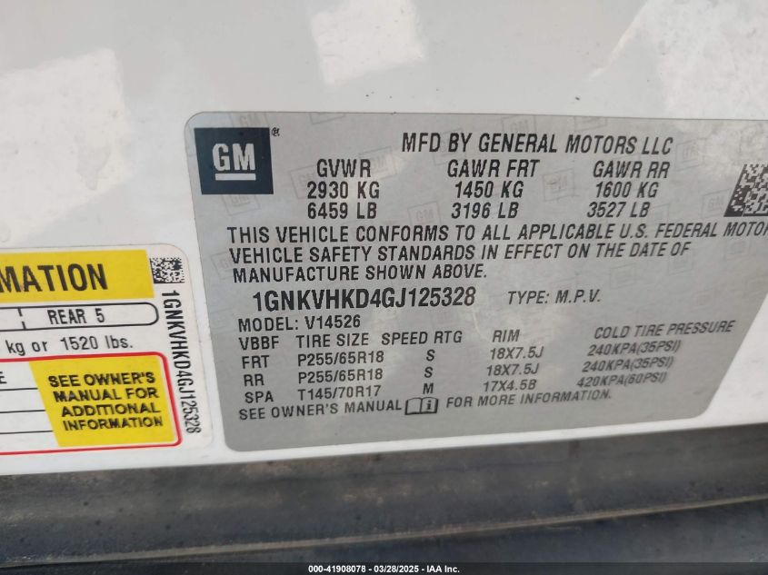 2016 Chevrolet Traverse 2Lt VIN: 1GNKVHKD4GJ125328 Lot: 41908078