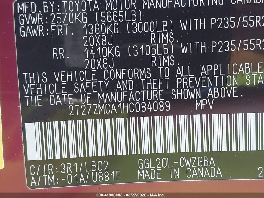 2017 Lexus Rx 350 VIN: 2T2ZZMCA1HC084089 Lot: 41908083