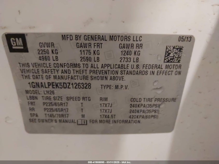 2013 CHEVROLET EQUINOX VIN: 1GNALPEK5DZ126328
