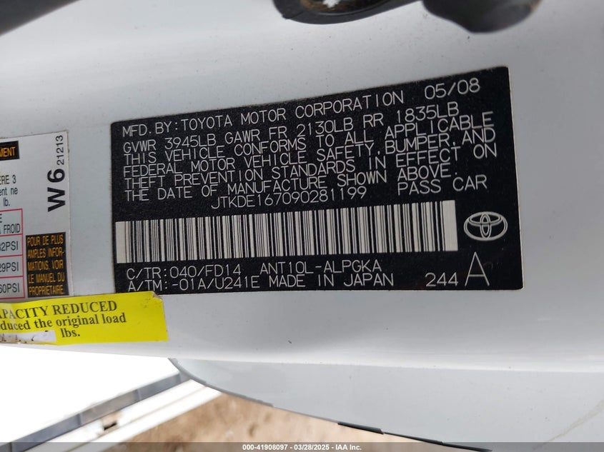 2009 TOYOTA SCION TC VIN: JTKDE167090281199