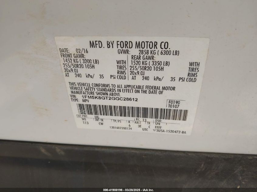 2016 Ford Explorer Sport VIN: 1FM5K8GT2GGC28612 Lot: 41908196