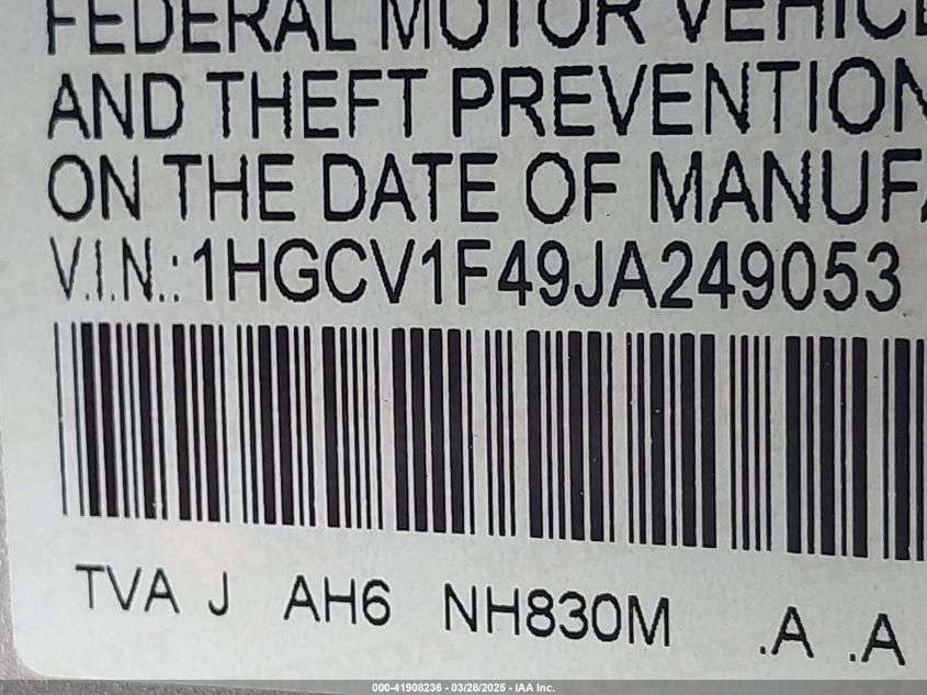 2018 Honda Accord Ex VIN: 1HGCV1F49JA249053 Lot: 41908236