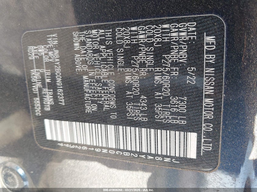 2022 NISSAN ARMADA VIN: JN8AY2BC0N9162377