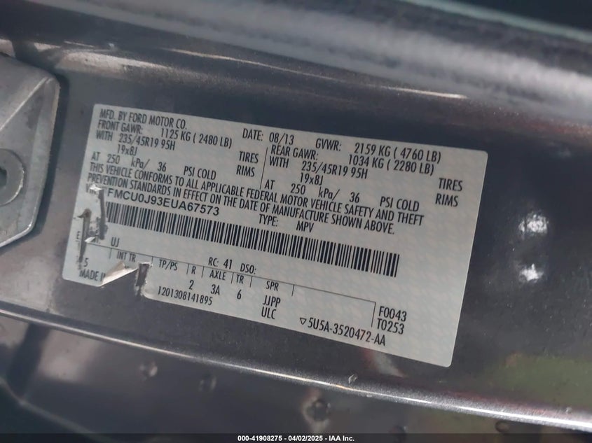 2014 FORD ESCAPE VIN: 1FMCU0J93EUA67573